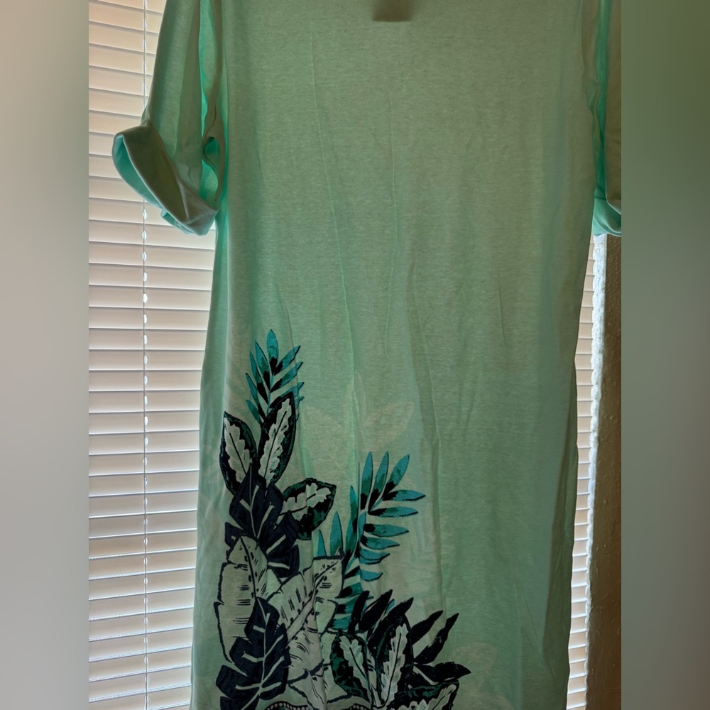 Karen Scott Mint Green Dress with Navy Leaf Design